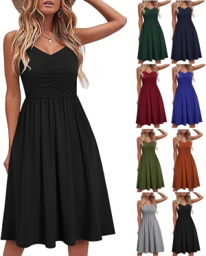 Midi Dresses for Women 2025 Sleeveless Summer Beach Dress Casual Loose V Neck Sundress Spaghetti Strap Beach Dresses