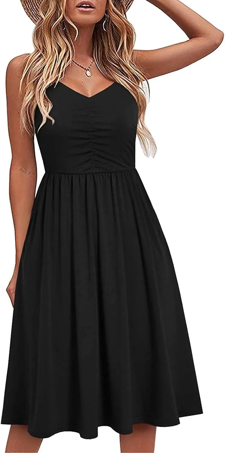 Midi Dresses for Women 2025 Sleeveless Summer Beach Dress Casual Loose V Neck Sundress Spaghetti Strap Beach Dresses