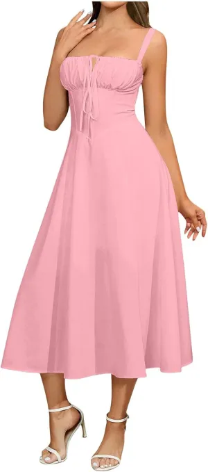 Milk Maid Dress for Women Floral Corset Flowy Slit Dresses Summer Boho Spaghetti Straps Square Neck Midi Dress