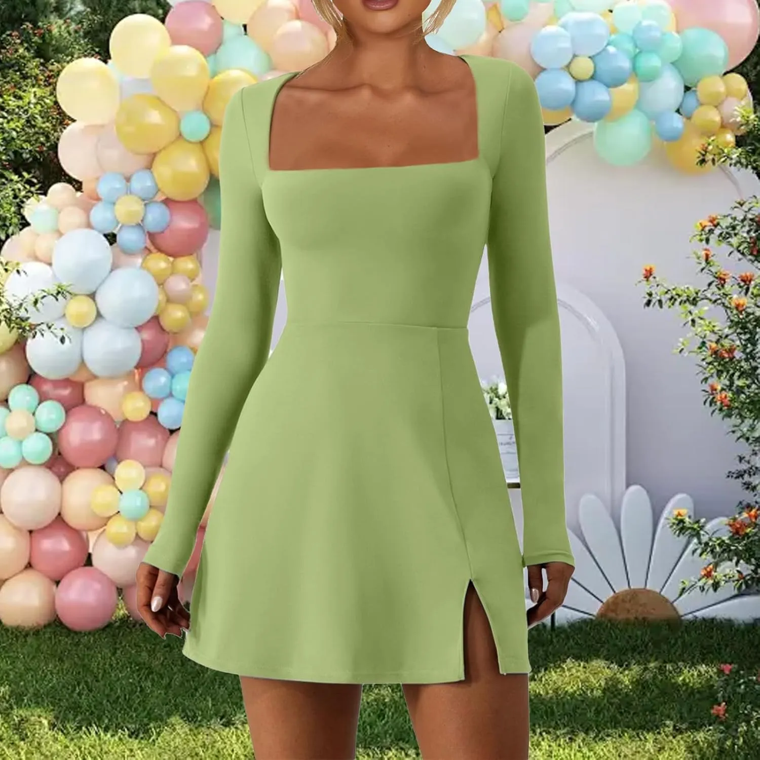 Mini Dresses for Women Square Neck Ruffle Hem Long Sleeve Dress Trendy Solid Color Tie Waisted Club Party Dress