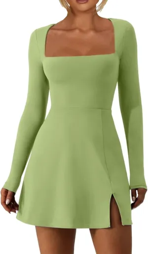 Mini Dresses for Women Square Neck Ruffle Hem Long Sleeve Dress Trendy Solid Color Tie Waisted Club Party Dress