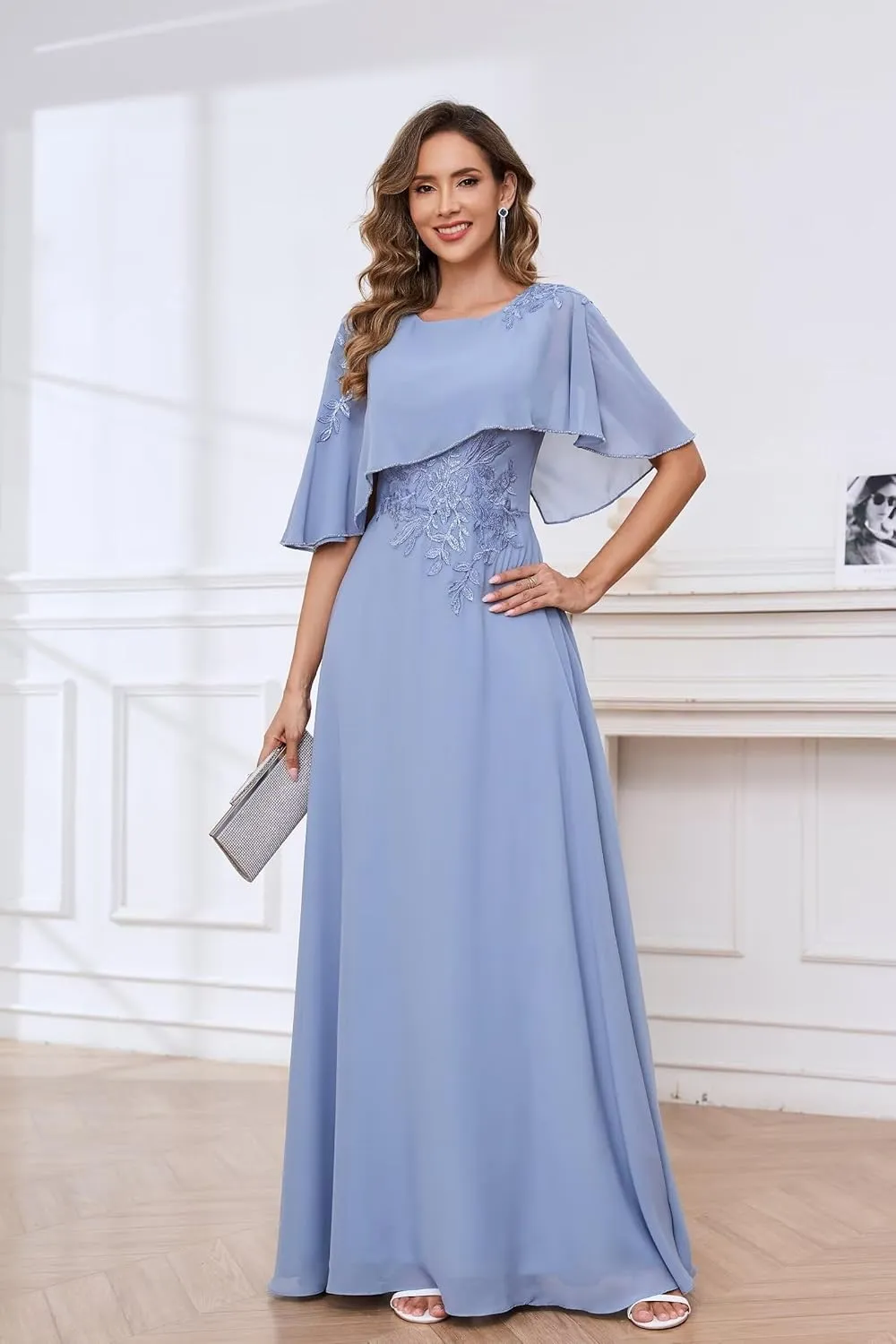 Mother of The Bride Dresses with Cape Lace Applique A Line Chiffon Formal Dresses for Women
