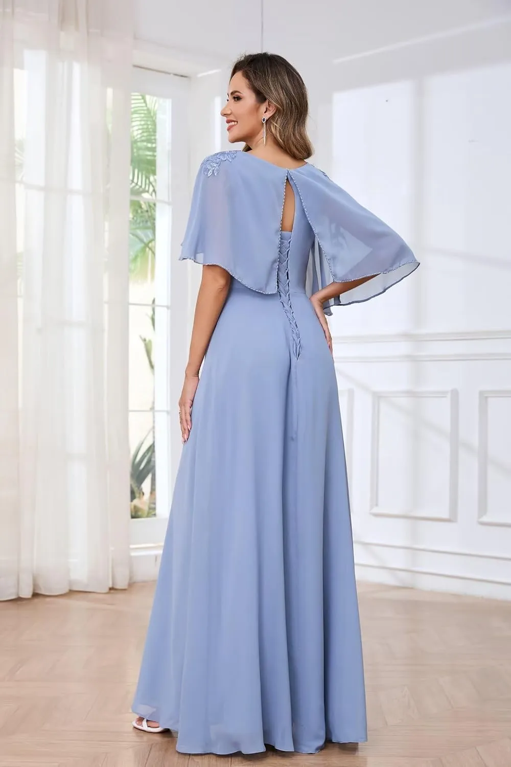 Mother of The Bride Dresses with Cape Lace Applique A Line Chiffon Formal Dresses for Women