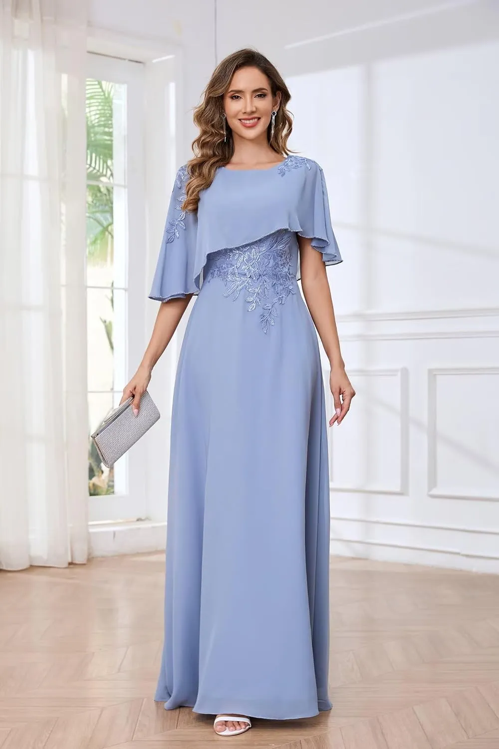 Mother of The Bride Dresses with Cape Lace Applique A Line Chiffon Formal Dresses for Women