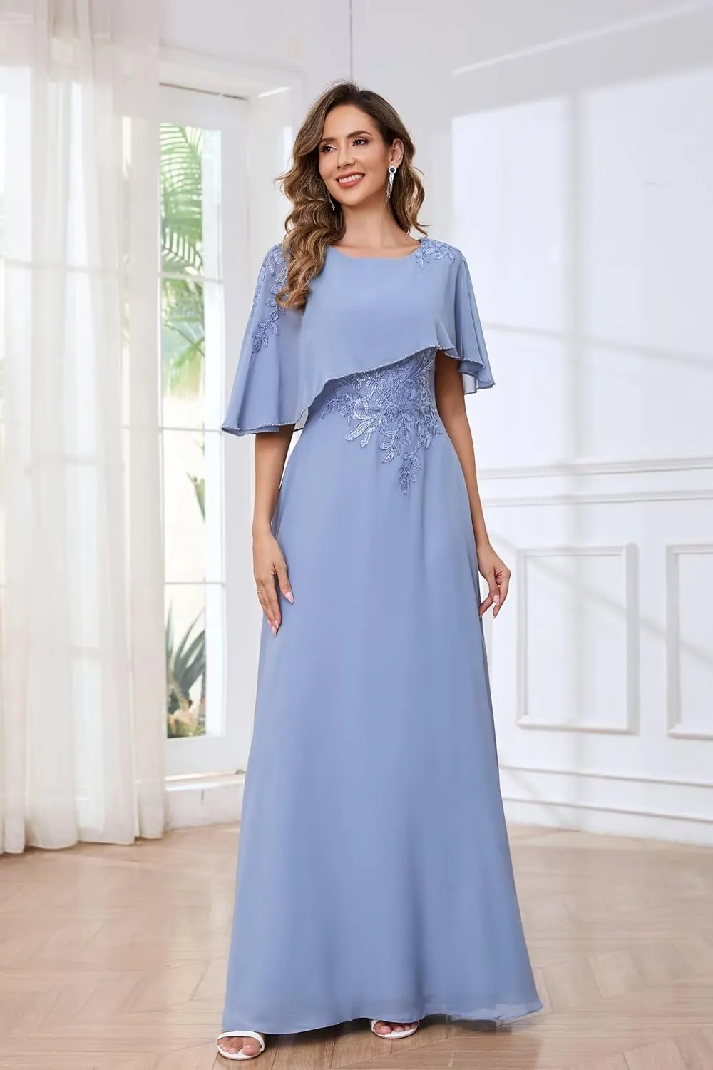 Mother of The Bride Dresses with Cape Lace Applique A Line Chiffon Formal Dresses for Women