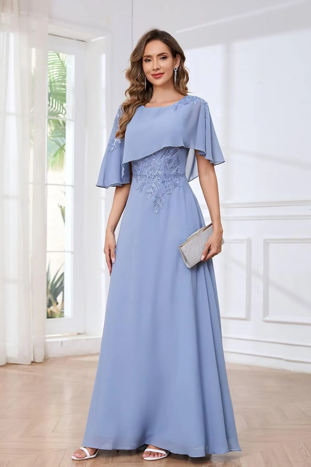 Mother of The Bride Dresses with Cape Lace Applique A Line Chiffon Formal Dresses for Women