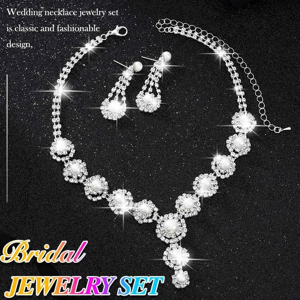 Nicute Pearl Jewelry Set Sparkly Rhinestone Necklace Earrings Sets Prom Costume Bridal Jewelry Set for Women