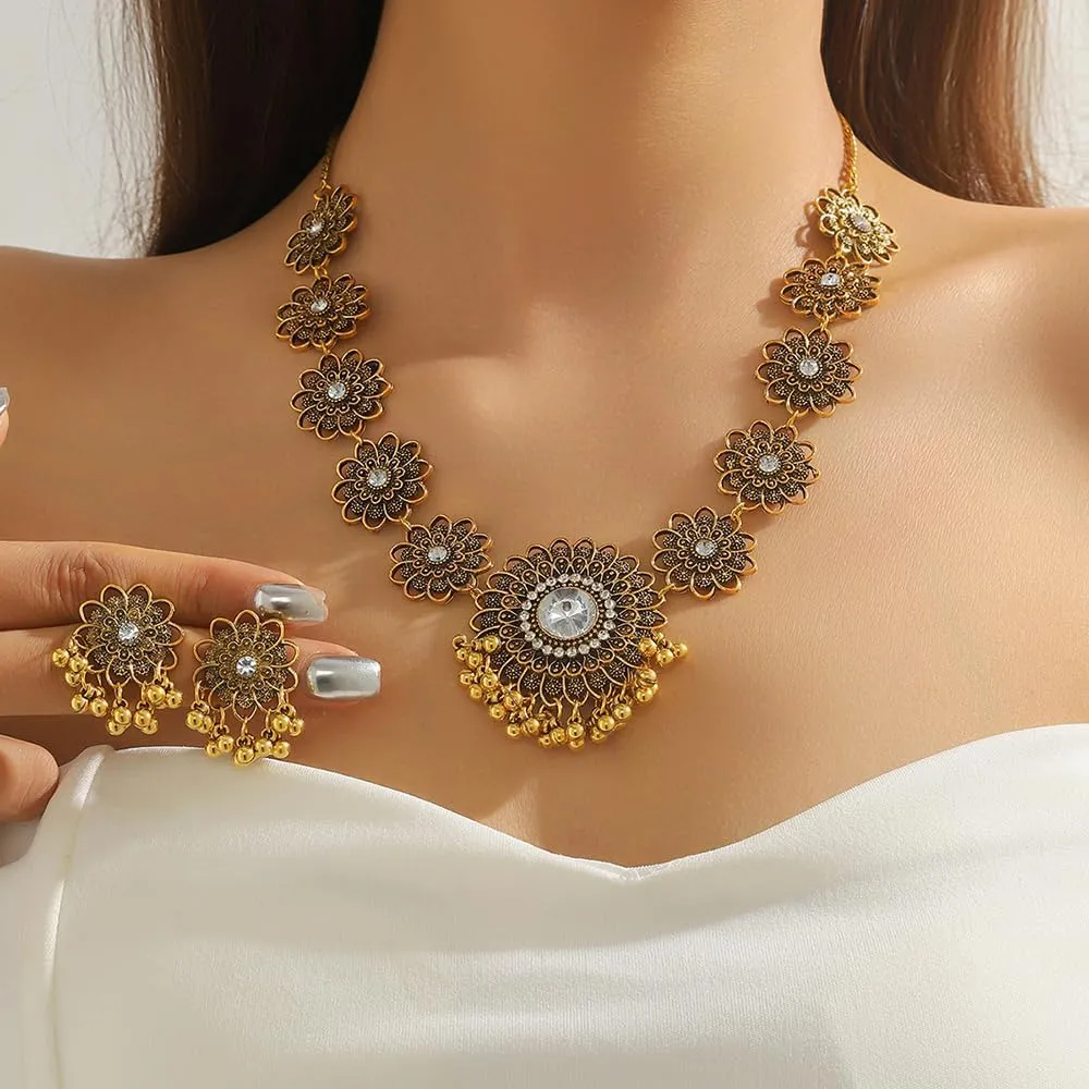 OIDIMS Bollywood Indian Jewelry Sets for Women Wedding Party Jewelry Flower Tassel Beaded Dangle Earring Oxidized Indian Choker Necklace Gold Plated Zirconia Jhumkas Chandelier Earrings Boho Jewelry