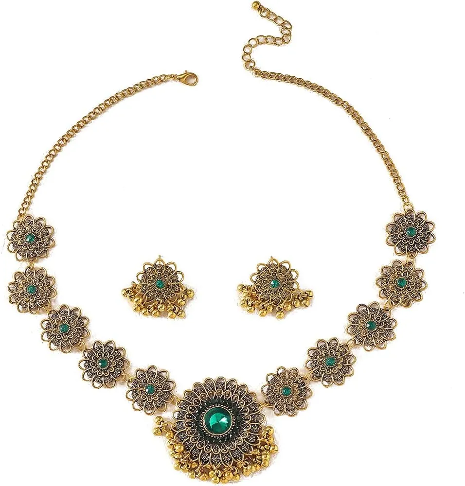OIDIMS Bollywood Indian Jewelry Sets for Women Wedding Party Jewelry Flower Tassel Beaded Dangle Earring Oxidized Indian Choker Necklace Gold Plated Zirconia Jhumkas Chandelier Earrings Boho Jewelry