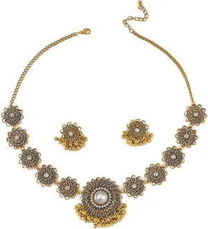 OIDIMS Bollywood Indian Jewelry Sets for Women Wedding Party Jewelry Flower Tassel Beaded Dangle Earring Oxidized Indian Choker Necklace Gold Plated Zirconia Jhumkas Chandelier Earrings Boho Jewelry