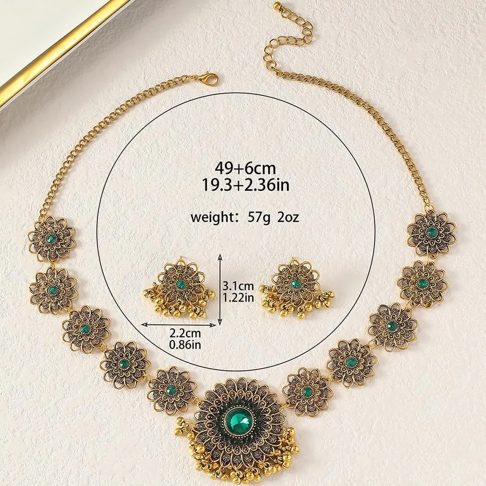 OIDIMS Bollywood Indian Jewelry Sets for Women Wedding Party Jewelry Flower Tassel Beaded Dangle Earring Oxidized Indian Choker Necklace Gold Plated Zirconia Jhumkas Chandelier Earrings Boho Jewelry