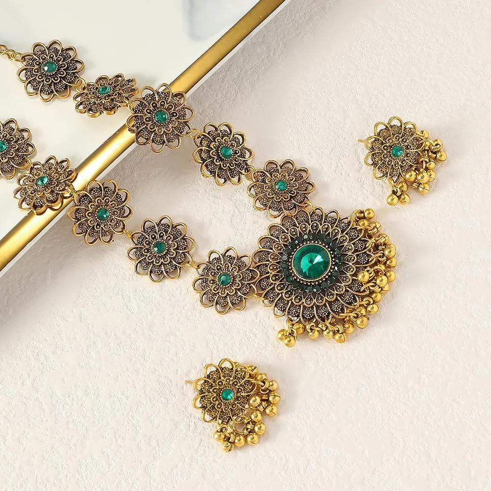 OIDIMS Bollywood Indian Jewelry Sets for Women Wedding Party Jewelry Flower Tassel Beaded Dangle Earring Oxidized Indian Choker Necklace Gold Plated Zirconia Jhumkas Chandelier Earrings Boho Jewelry