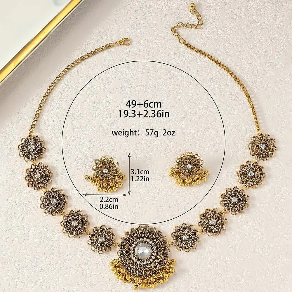 OIDIMS Bollywood Indian Jewelry Sets for Women Wedding Party Jewelry Flower Tassel Beaded Dangle Earring Oxidized Indian Choker Necklace Gold Plated Zirconia Jhumkas Chandelier Earrings Boho Jewelry