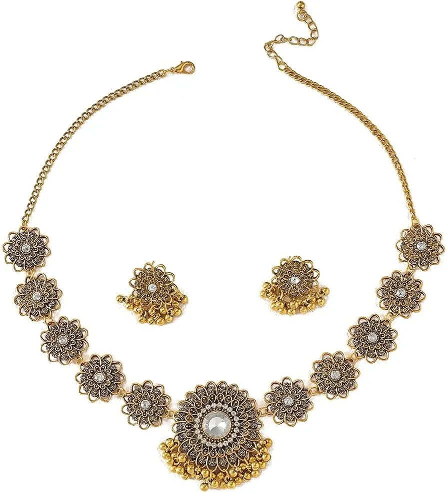 OIDIMS Bollywood Indian Jewelry Sets for Women Wedding Party Jewelry Flower Tassel Beaded Dangle Earring Oxidized Indian Choker Necklace Gold Plated Zirconia Jhumkas Chandelier Earrings Boho Jewelry