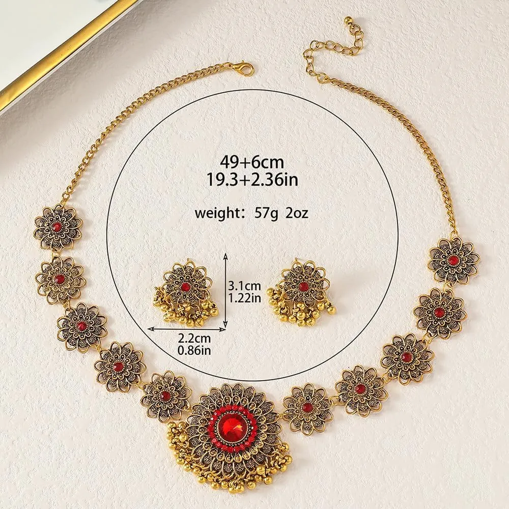 OIDIMS Bollywood Indian Jewelry Sets for Women Wedding Party Jewelry Flower Tassel Beaded Dangle Earring Oxidized Indian Choker Necklace Gold Plated Zirconia Jhumkas Chandelier Earrings Boho Jewelry