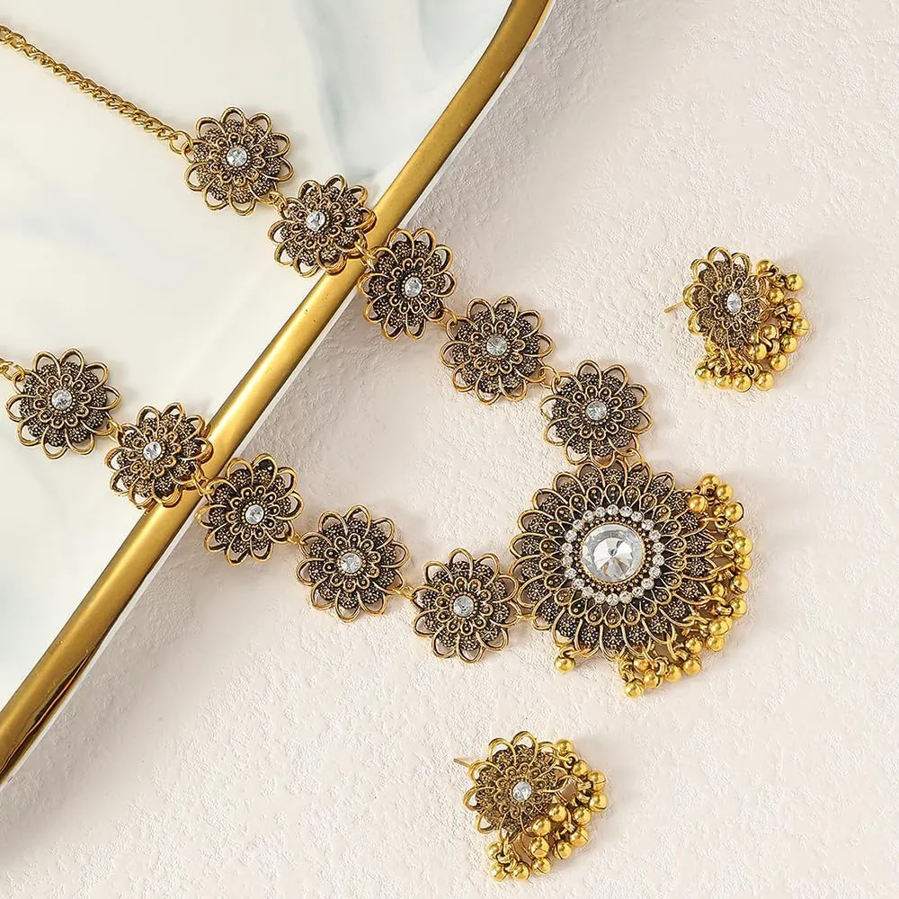 OIDIMS Bollywood Indian Jewelry Sets for Women Wedding Party Jewelry Flower Tassel Beaded Dangle Earring Oxidized Indian Choker Necklace Gold Plated Zirconia Jhumkas Chandelier Earrings Boho Jewelry