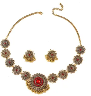 OIDIMS Bollywood Indian Jewelry Sets for Women Wedding Party Jewelry Flower Tassel Beaded Dangle Earring Oxidized Indian Choker Necklace Gold Plated Zirconia Jhumkas Chandelier Earrings Boho Jewelry