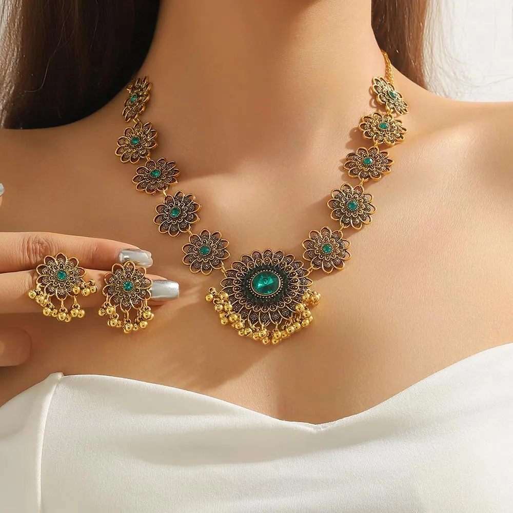 OIDIMS Bollywood Indian Jewelry Sets for Women Wedding Party Jewelry Flower Tassel Beaded Dangle Earring Oxidized Indian Choker Necklace Gold Plated Zirconia Jhumkas Chandelier Earrings Boho Jewelry
