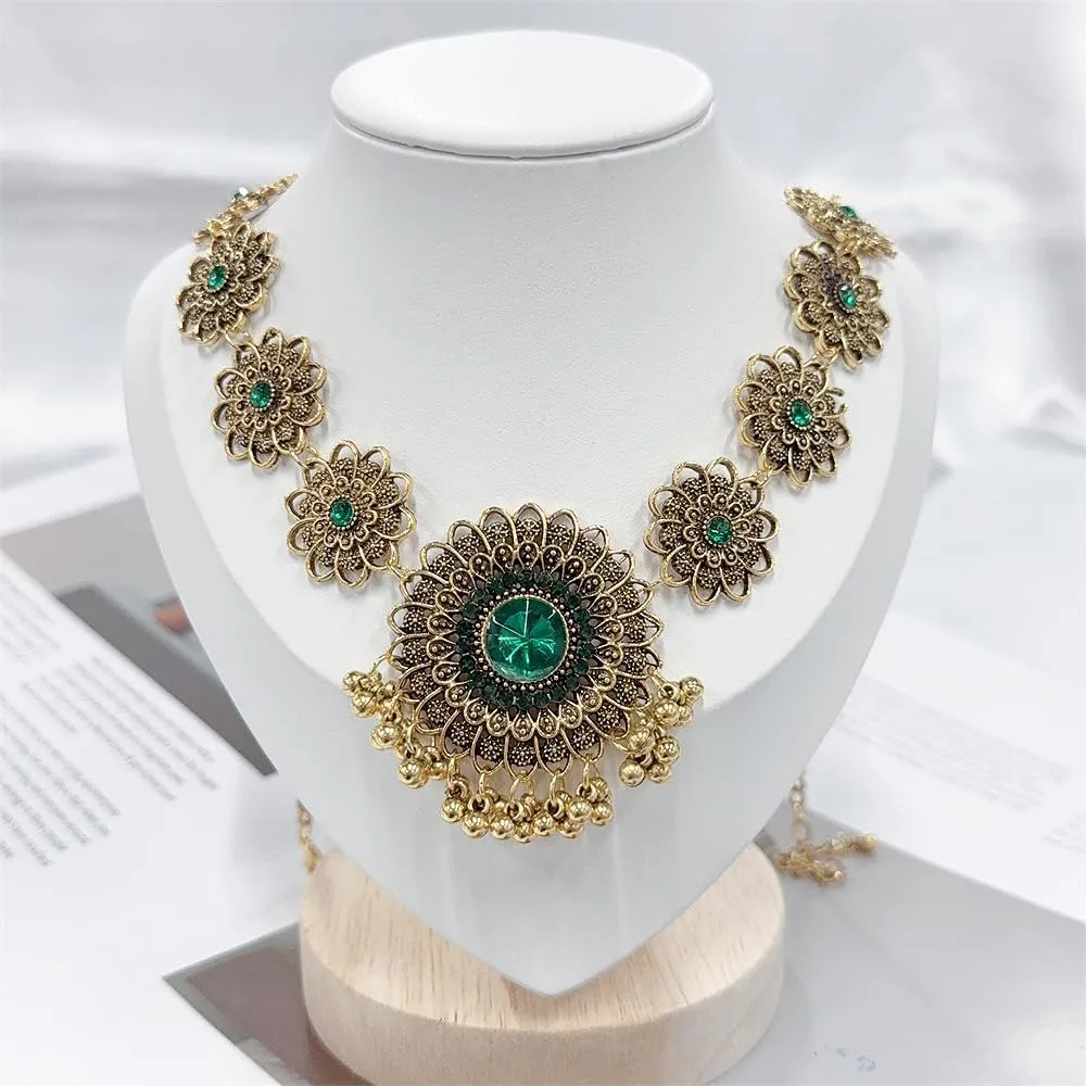 OIDIMS Bollywood Indian Jewelry Sets for Women Wedding Party Jewelry Flower Tassel Beaded Dangle Earring Oxidized Indian Choker Necklace Gold Plated Zirconia Jhumkas Chandelier Earrings Boho Jewelry