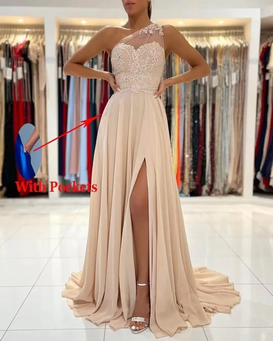One Shoulder Lace Applique Bridesmaid Dresses Long for Wedding A Line Chiffon Formal Party Gown with Slit