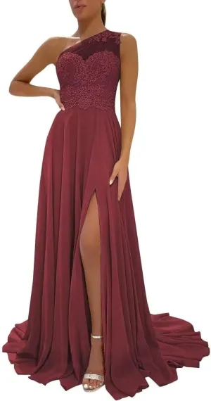 One Shoulder Lace Applique Bridesmaid Dresses Long for Wedding A Line Chiffon Formal Party Gown with Slit