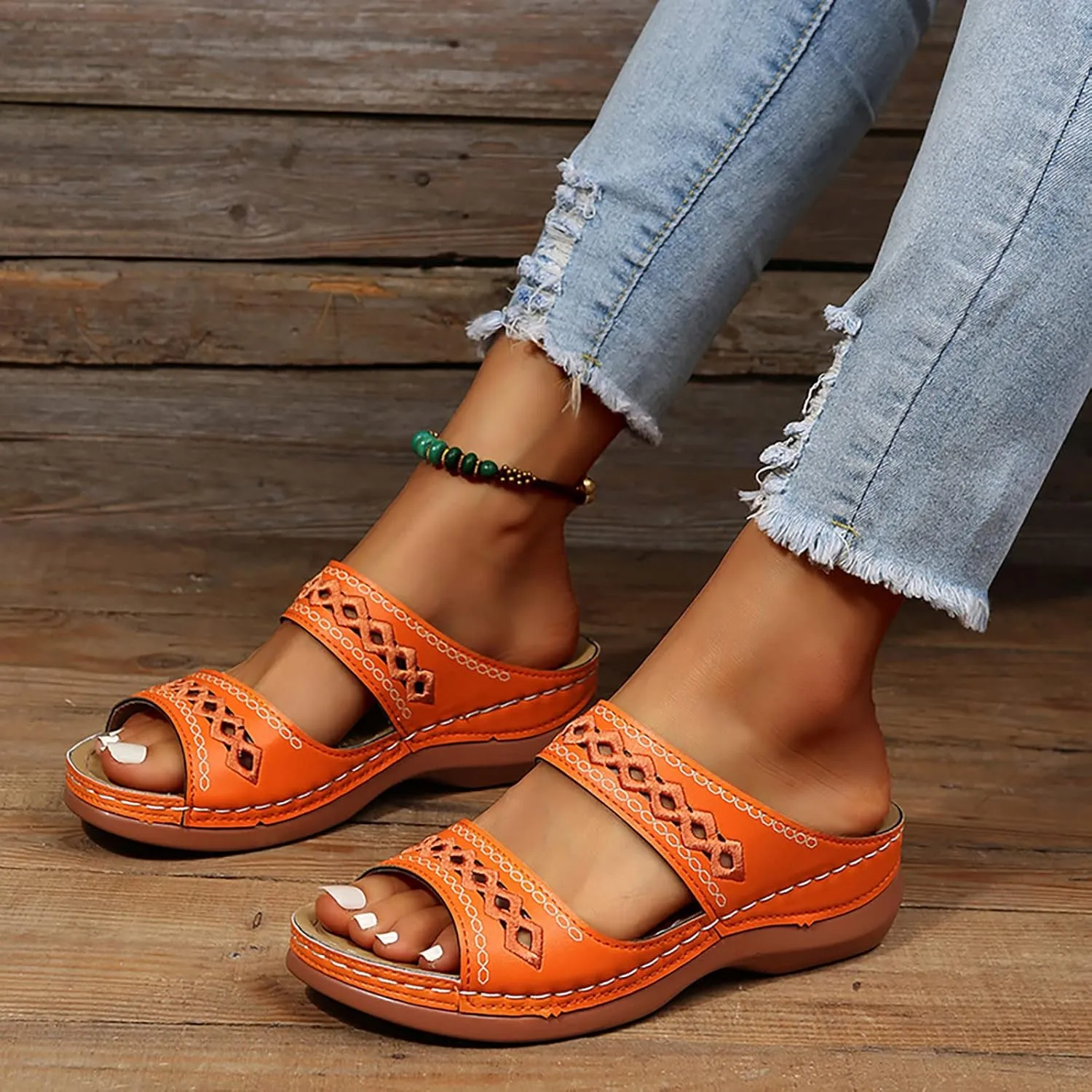 Orthopedic Wedge Sandals for Women Summer Dressy 2025 Open Toe Platform Sandals Casual High Wedges Slip on Sandals Beach Sandals Dress Shoes Comfortable Outdoor Shoes (1-Orange, 8.5)