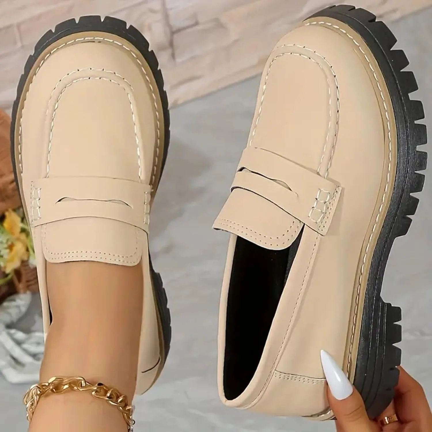 Orthoture Women's Orthopedic Chunky Loafers - Beige, Casual, Solid, Round Toe, Flat Heel, Slip-On, Walking, All Seasons