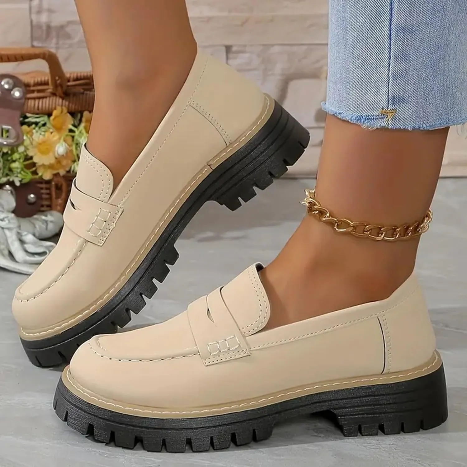 Orthoture Women's Orthopedic Chunky Loafers - Beige, Casual, Solid, Round Toe, Flat Heel, Slip-On, Walking, All Seasons