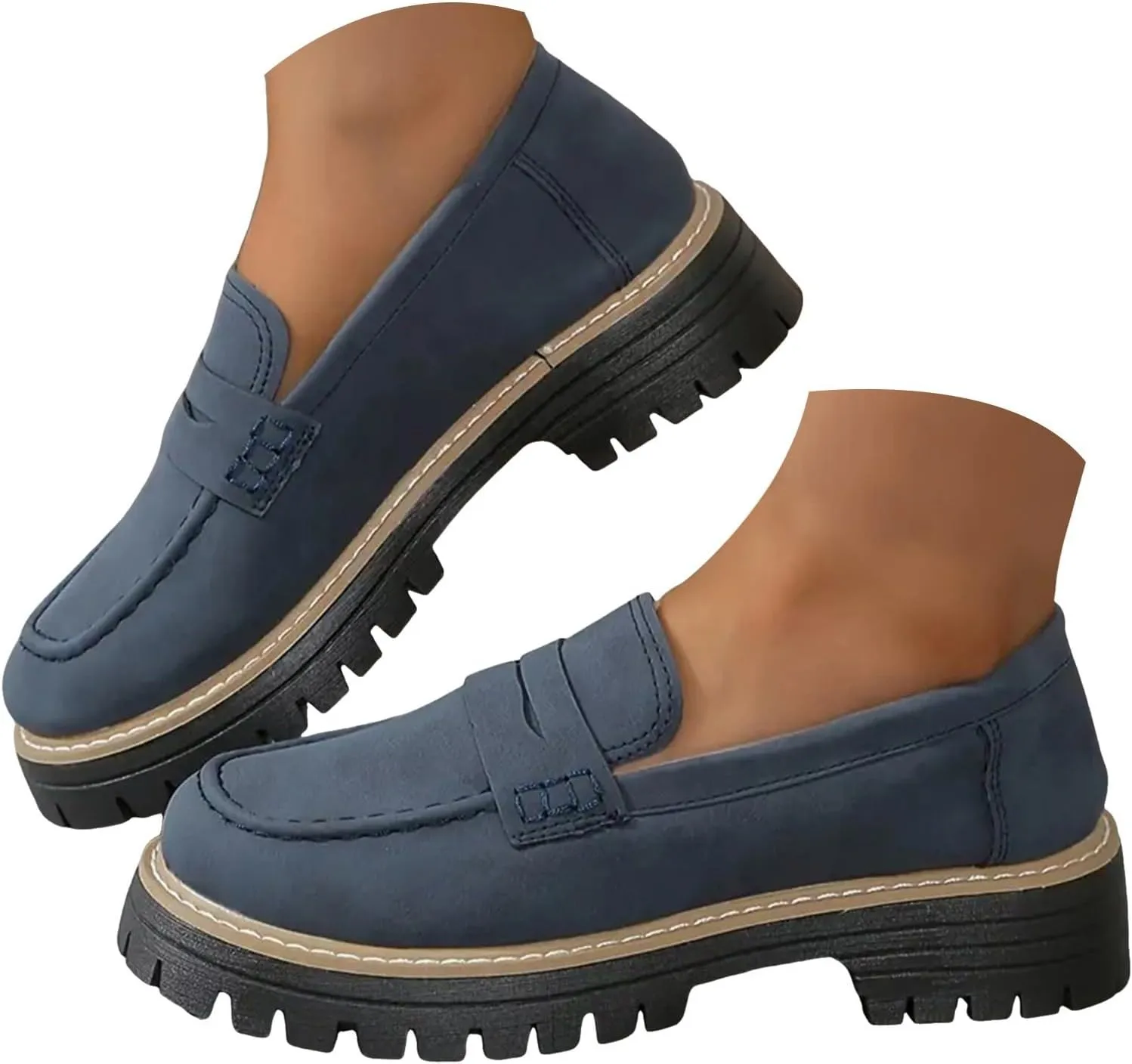 Orthoture Women's Orthopedic Chunky Loafers - Beige, Casual, Solid, Round Toe, Flat Heel, Slip-On, Walking, All Seasons