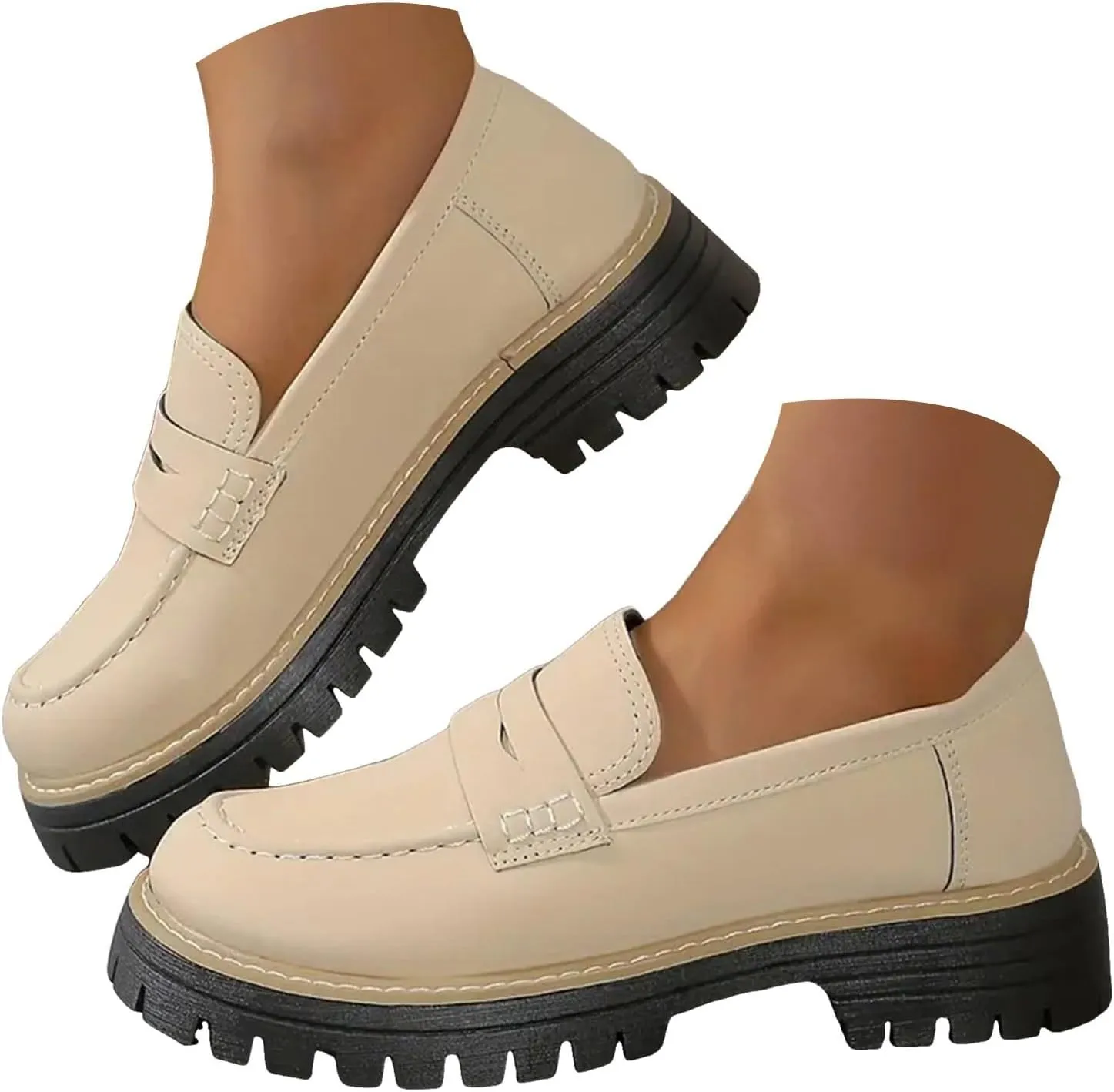 Orthoture Women's Orthopedic Chunky Loafers - Beige, Casual, Solid, Round Toe, Flat Heel, Slip-On, Walking, All Seasons