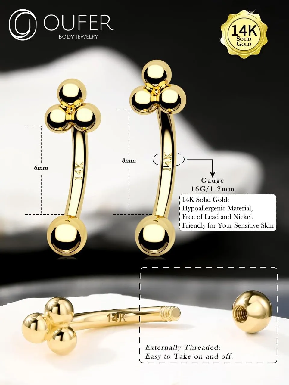 OUFER Rook Piercing Jewelry, 14K Solid Gold Eyebrow Rings, 16G Curved Barbells, Gold Rook Jewelry, Curved Barbell Piercing Jewelry, Daith Helix Rook Earrings for Women Men