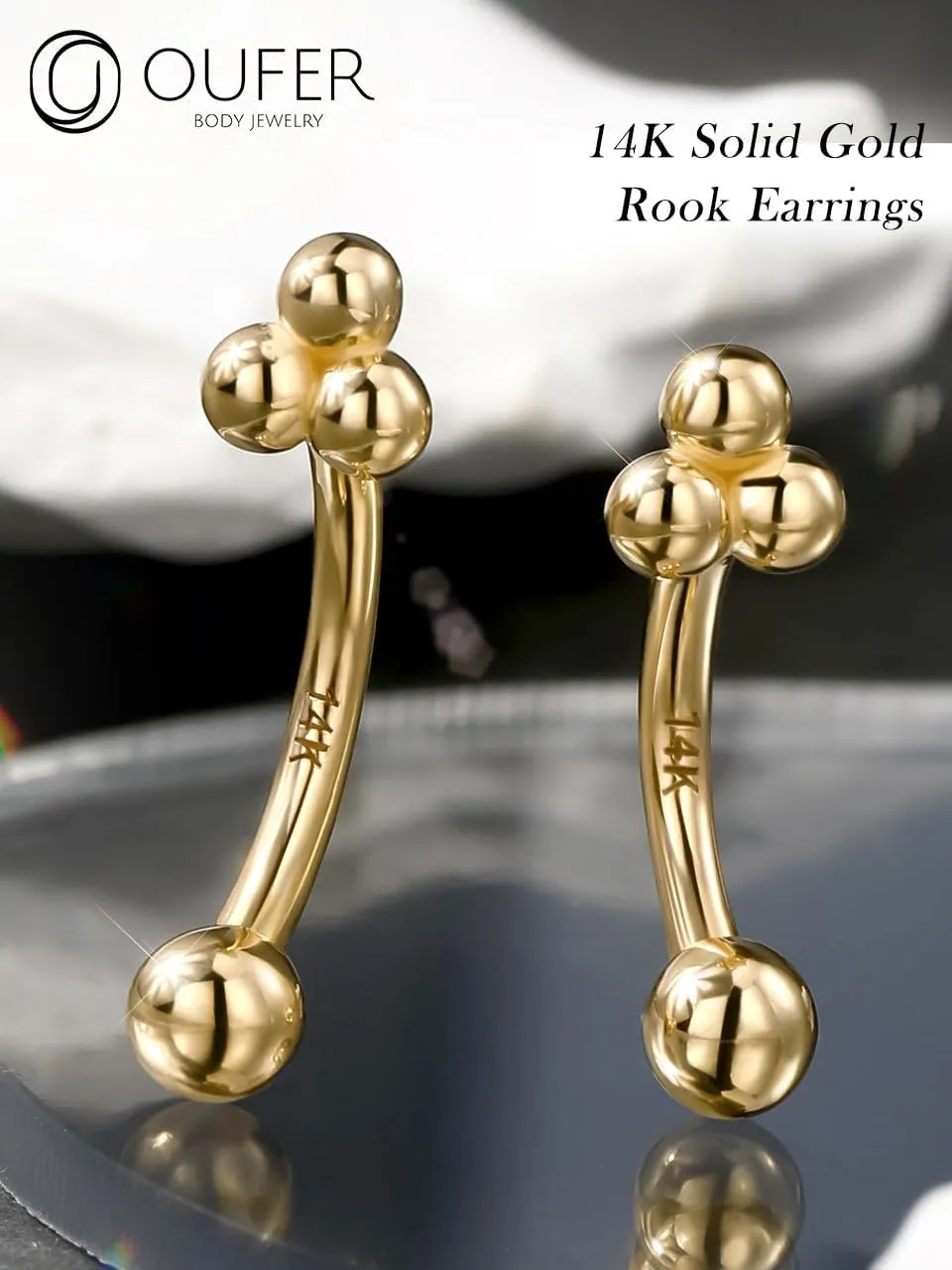 OUFER Rook Piercing Jewelry, 14K Solid Gold Eyebrow Rings, 16G Curved Barbells, Gold Rook Jewelry, Curved Barbell Piercing Jewelry, Daith Helix Rook Earrings for Women Men
