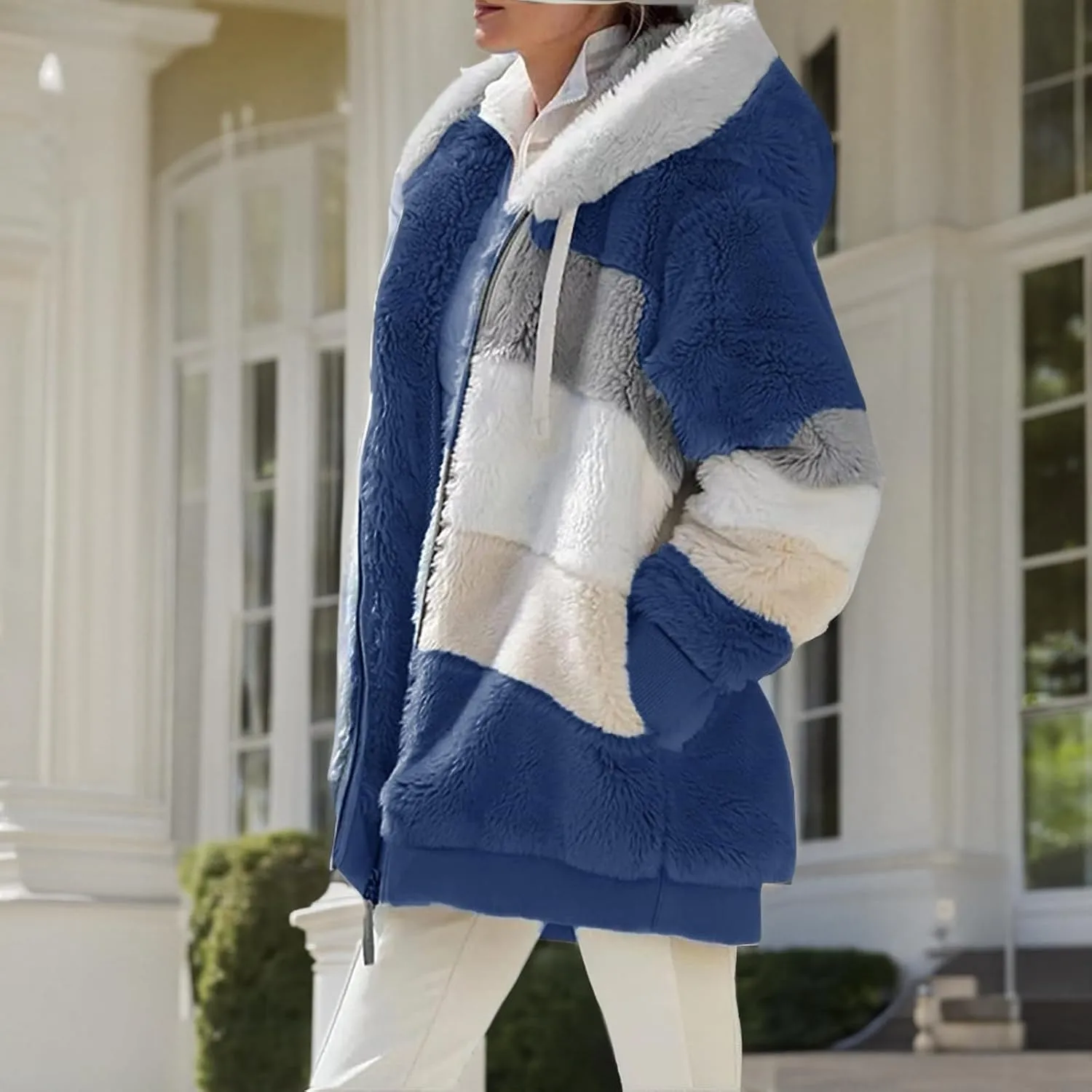 Oversized Fuzzy Fleece Jackets For Women Fashion 2023 Color Block Faux Fur Cardigan Coat Shaggy Warm Winter Outerwear