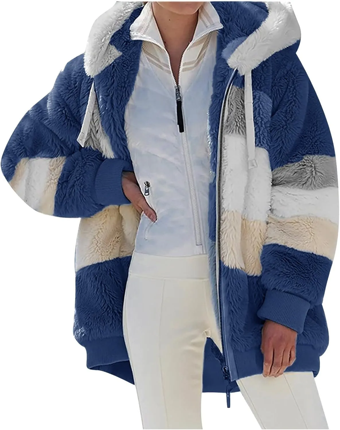 Oversized Fuzzy Fleece Jackets For Women Fashion 2023 Color Block Faux Fur Cardigan Coat Shaggy Warm Winter Outerwear