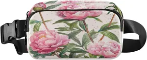 Peonies and Green Leaves Fanny Packs for Women Men, Fashion Belt Bag Waterproof Waist Pack Crossbody Bags with Adjustable Strap for Workout Running Hiking