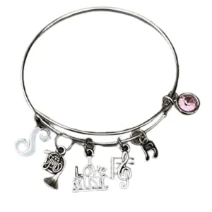 Personalized French Horn Charm Birthstone and Initial Bangle Bracelet - Music Jewelry Gift - French Horn Jewelry - Marching Band Bracelet -Music Lover Jewelry Gift for Women and Teens