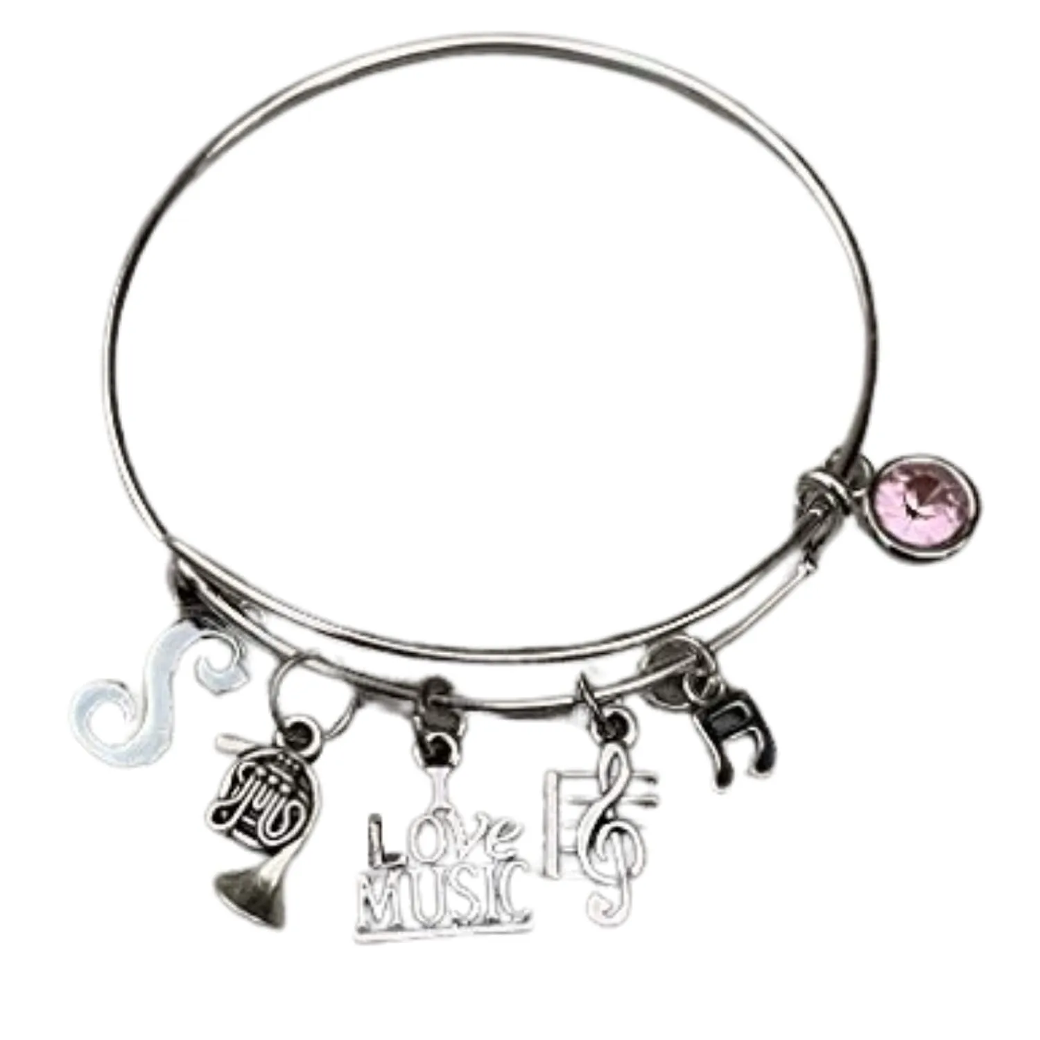 Personalized French Horn Charm Birthstone and Initial Bangle Bracelet - Music Jewelry Gift - French Horn Jewelry - Marching Band Bracelet -Music Lover Jewelry Gift for Women and Teens
