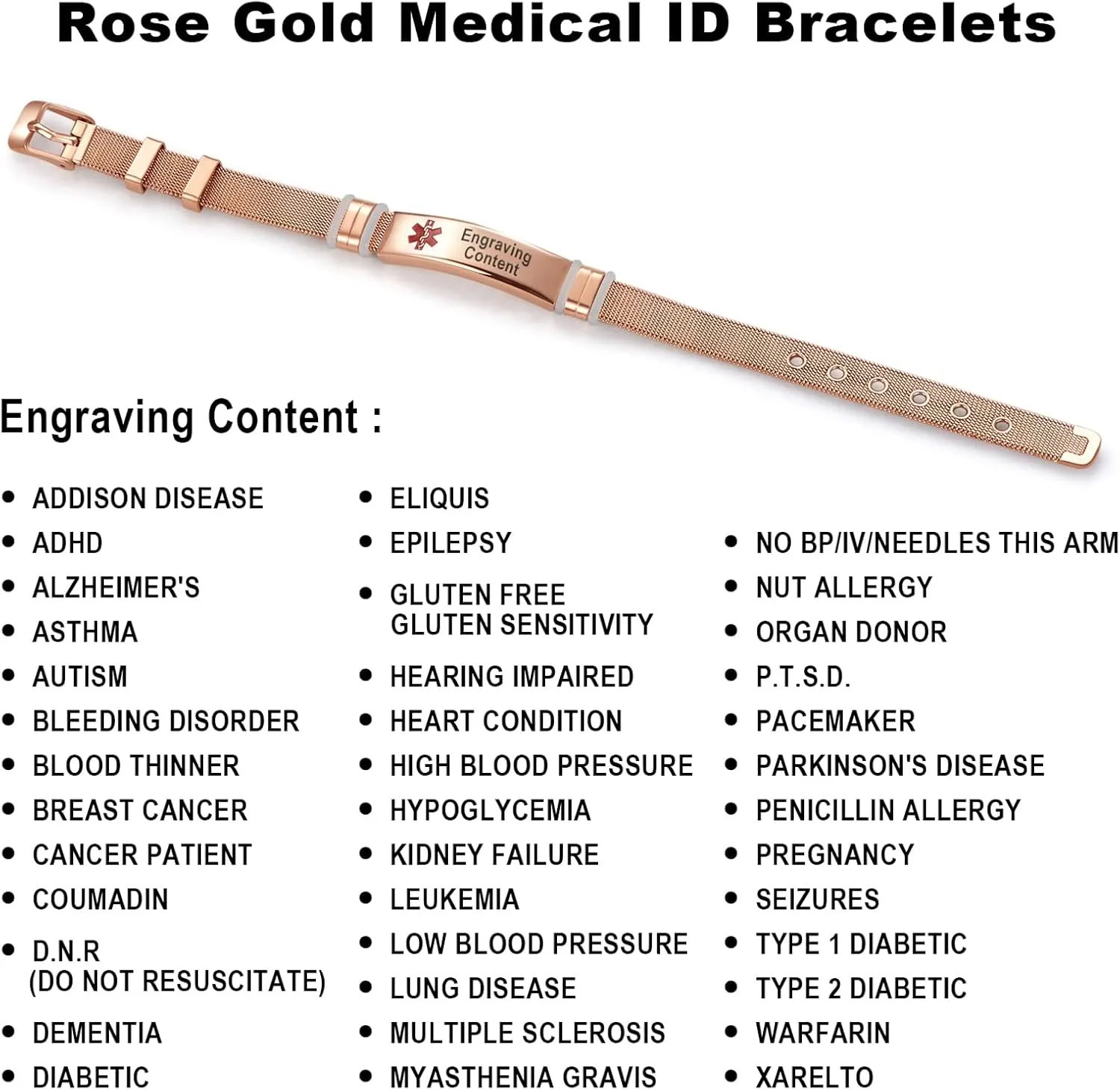 Pink Medical ID Bracelets for Women Men Family Friends Emergency Identify Wristlet Adjustable First Aid Support Rose Gold Stainless Steel