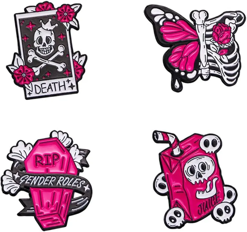 Pink Skull Brooch Set Skull Enamel Brooch Pins Cartoon Romanticism Pin Set Lapel Pins Halloween Enamel Pins Accessory for Backpacks Badges Hats Bags for Women Men Girls Kids Gift