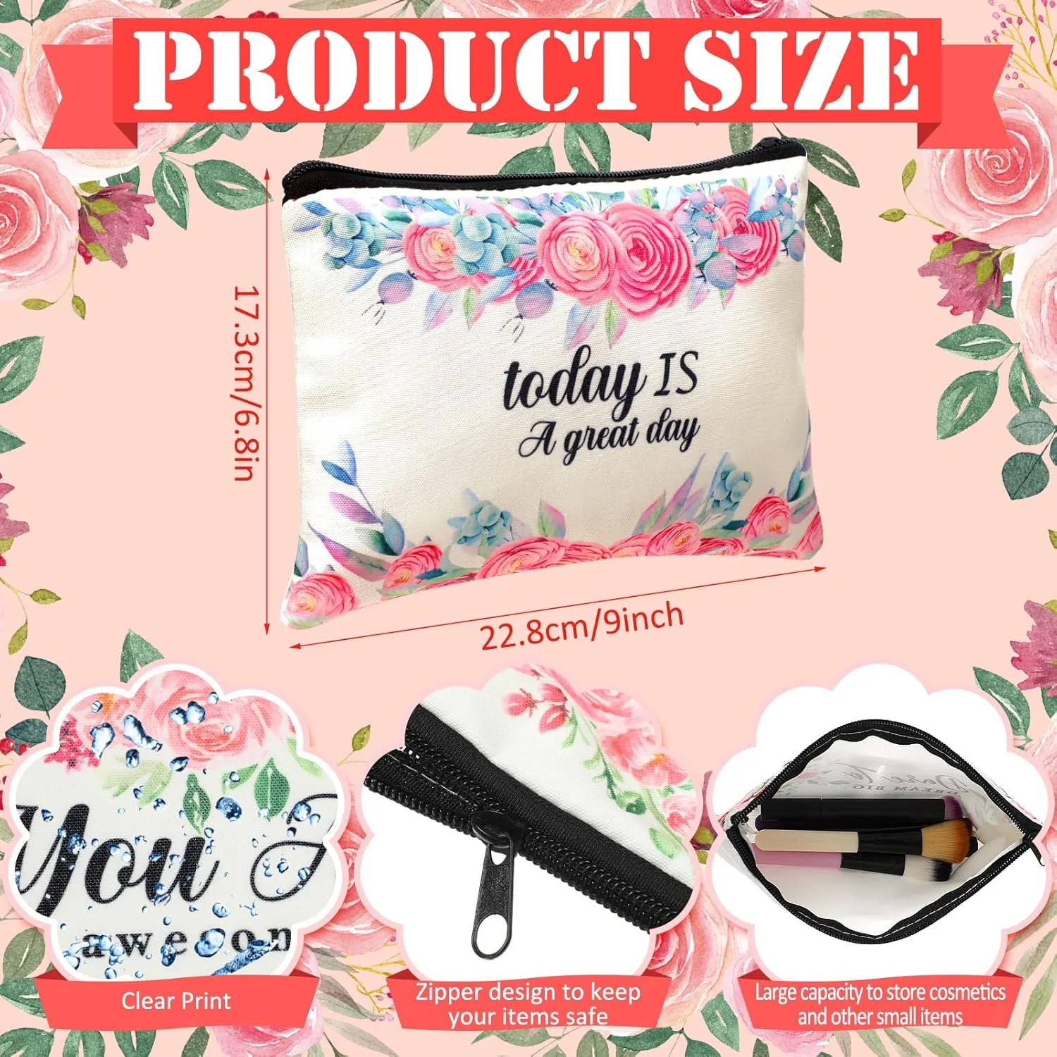 Pinkunn 16 Pcs Canvas Cosmetic Bag Bulk Inspirational Quotes Makeup Bags with Zipper Encouragement Travel Toiletry Pouch Appreciation Gift for Father's Day Graduation Summer Wedding(Flower)