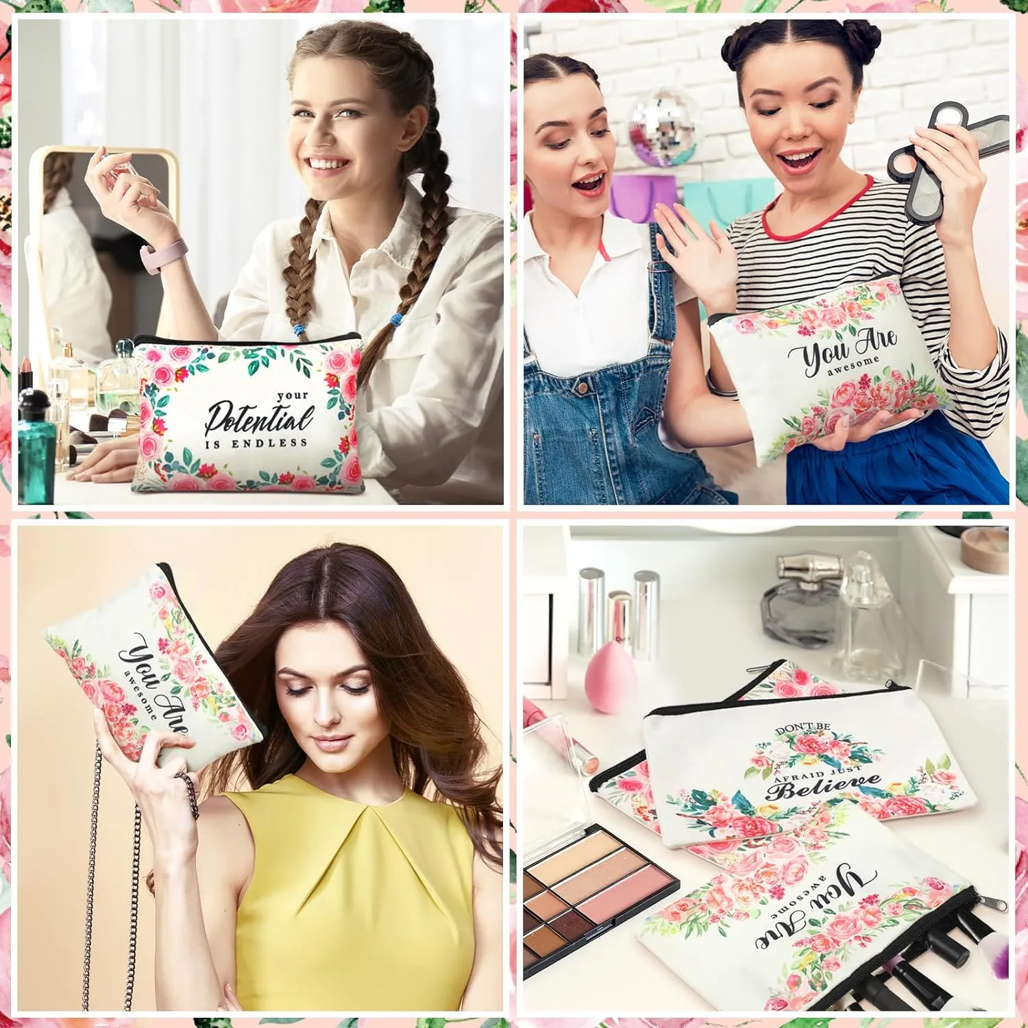Pinkunn 16 Pcs Canvas Cosmetic Bag Bulk Inspirational Quotes Makeup Bags with Zipper Encouragement Travel Toiletry Pouch Appreciation Gift for Father's Day Graduation Summer Wedding(Flower)