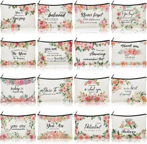 Pinkunn 16 Pcs Canvas Cosmetic Bag Bulk Inspirational Quotes Makeup Bags with Zipper Encouragement Travel Toiletry Pouch Appreciation Gift for Father's Day Graduation Summer Wedding(Flower)