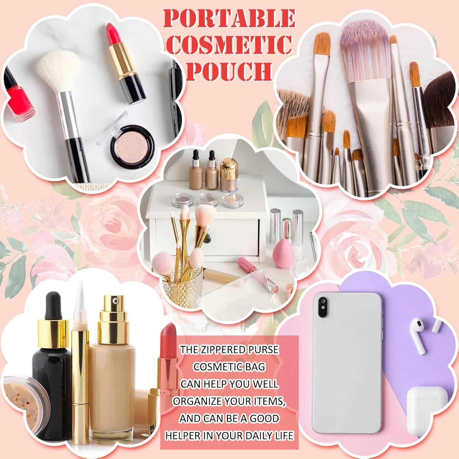 Pinkunn 16 Pcs Canvas Cosmetic Bag Bulk Inspirational Quotes Makeup Bags with Zipper Encouragement Travel Toiletry Pouch Appreciation Gift for Father's Day Graduation Summer Wedding(Flower)