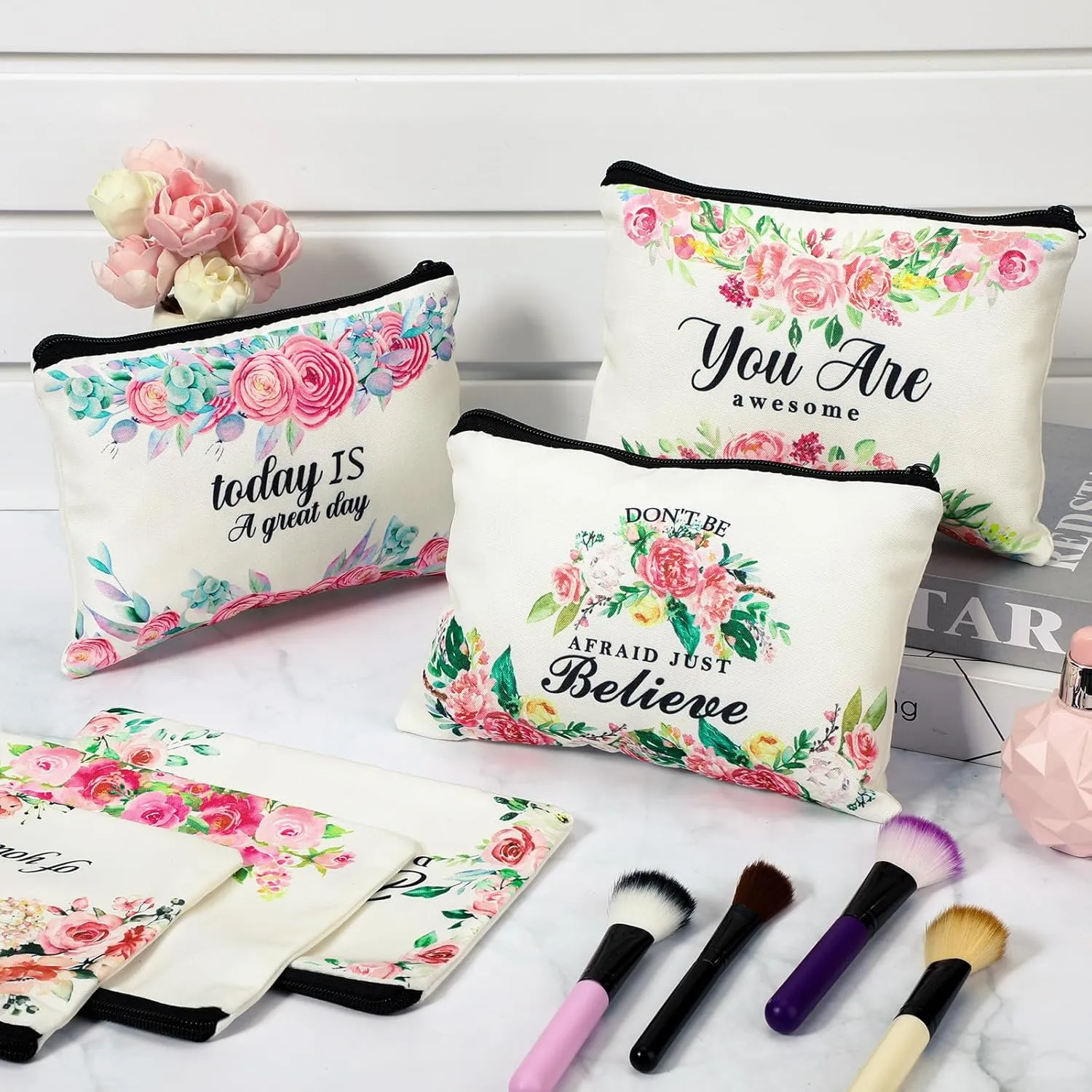 Pinkunn 16 Pcs Canvas Cosmetic Bag Bulk Inspirational Quotes Makeup Bags with Zipper Encouragement Travel Toiletry Pouch Appreciation Gift for Father's Day Graduation Summer Wedding(Flower)