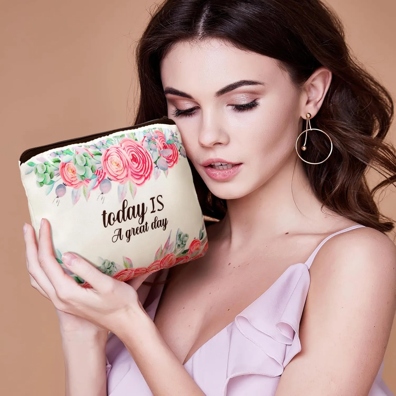 Pinkunn 16 Pcs Canvas Cosmetic Bag Bulk Inspirational Quotes Makeup Bags with Zipper Encouragement Travel Toiletry Pouch Appreciation Gift for Father's Day Graduation Summer Wedding(Flower)