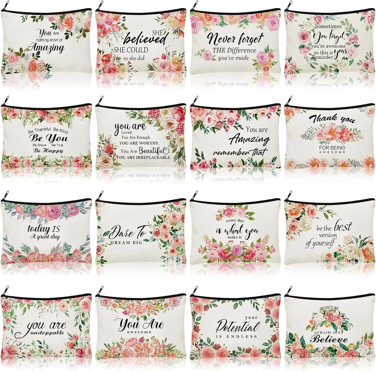 Pinkunn 16 Pcs Canvas Cosmetic Bag Bulk Inspirational Quotes Makeup Bags with Zipper Encouragement Travel Toiletry Pouch Appreciation Gift for Father's Day Graduation Summer Wedding(Flower)