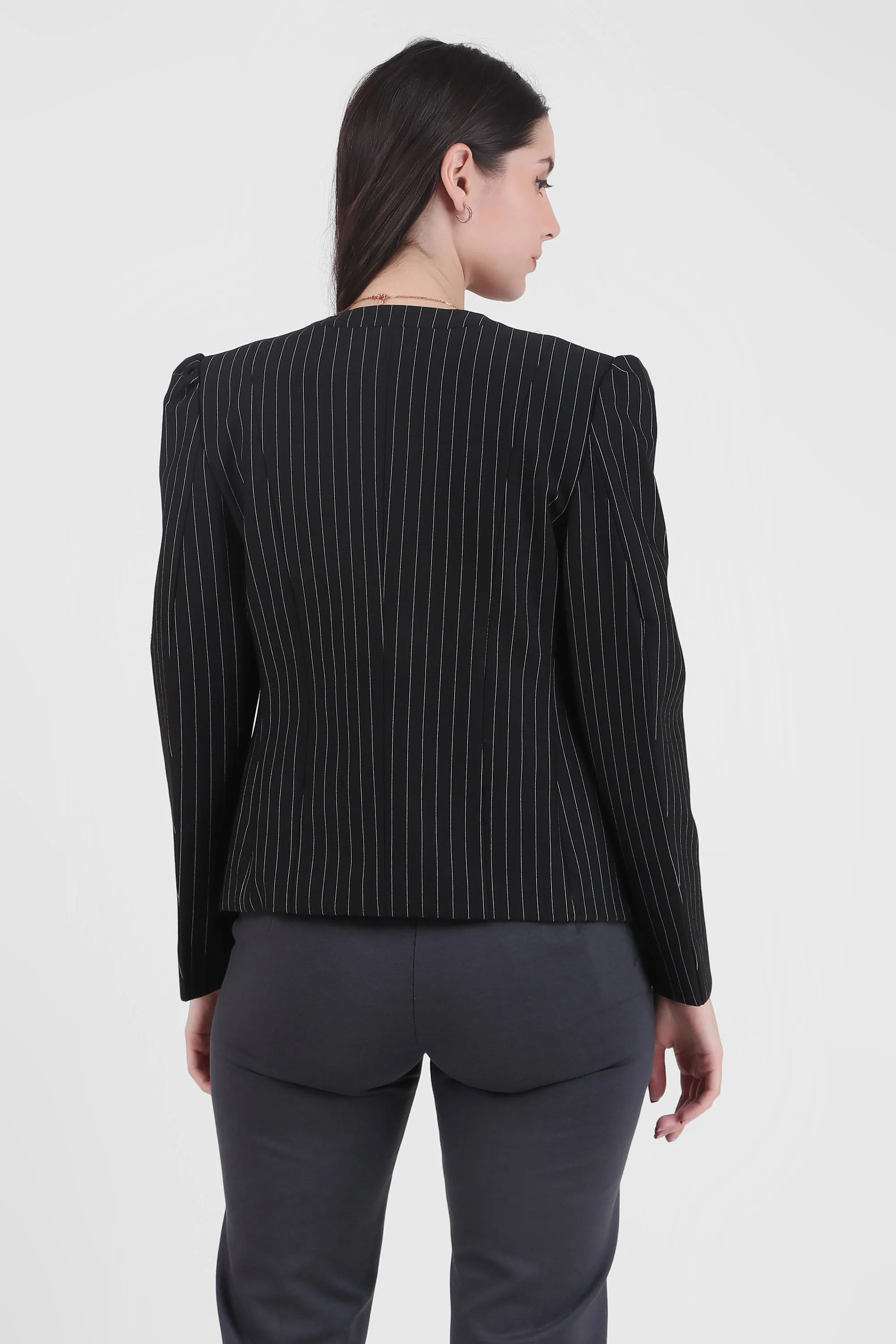 Pinstriped Black Puff Sleeves Front Open Blazer