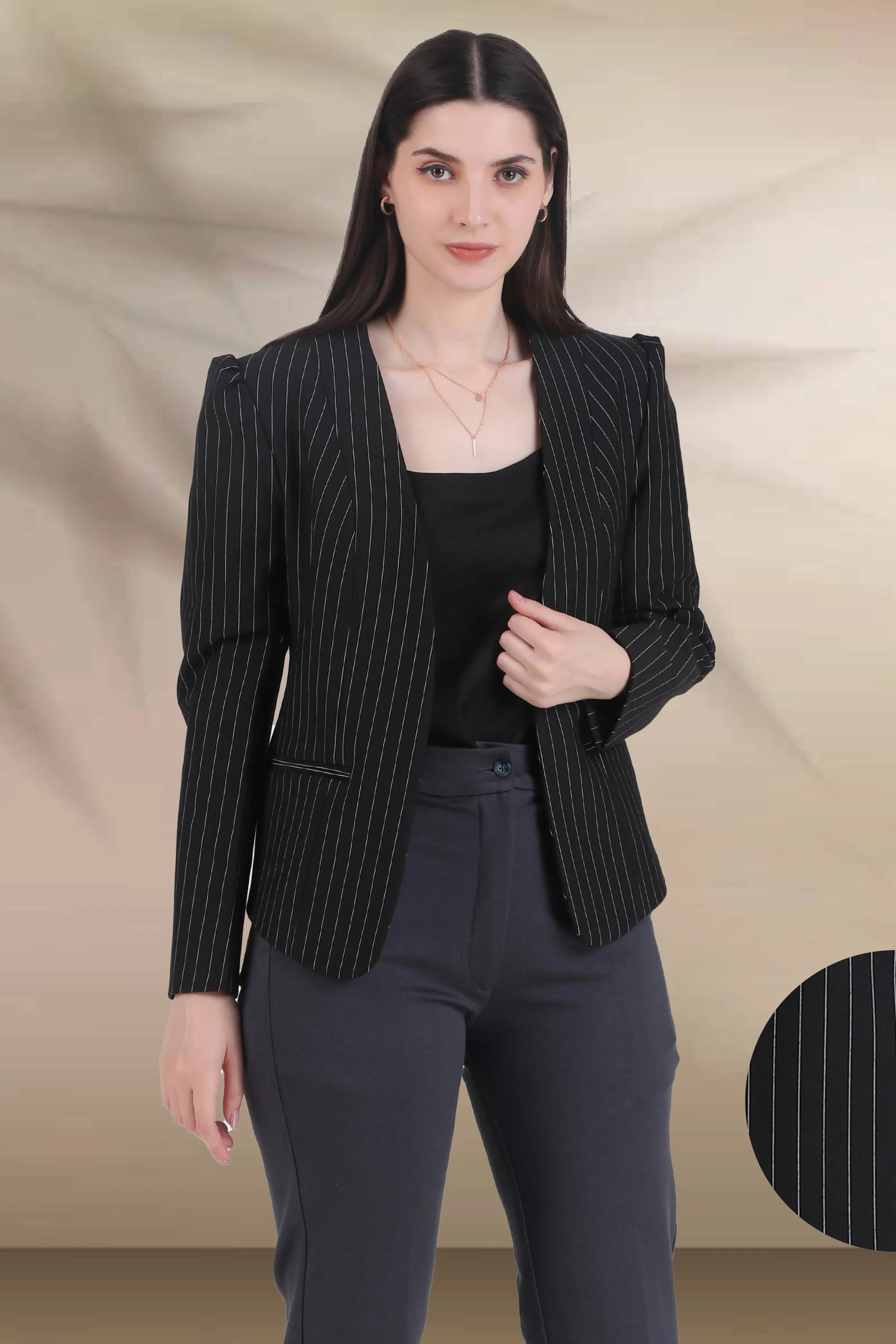 Pinstriped Black Puff Sleeves Front Open Blazer