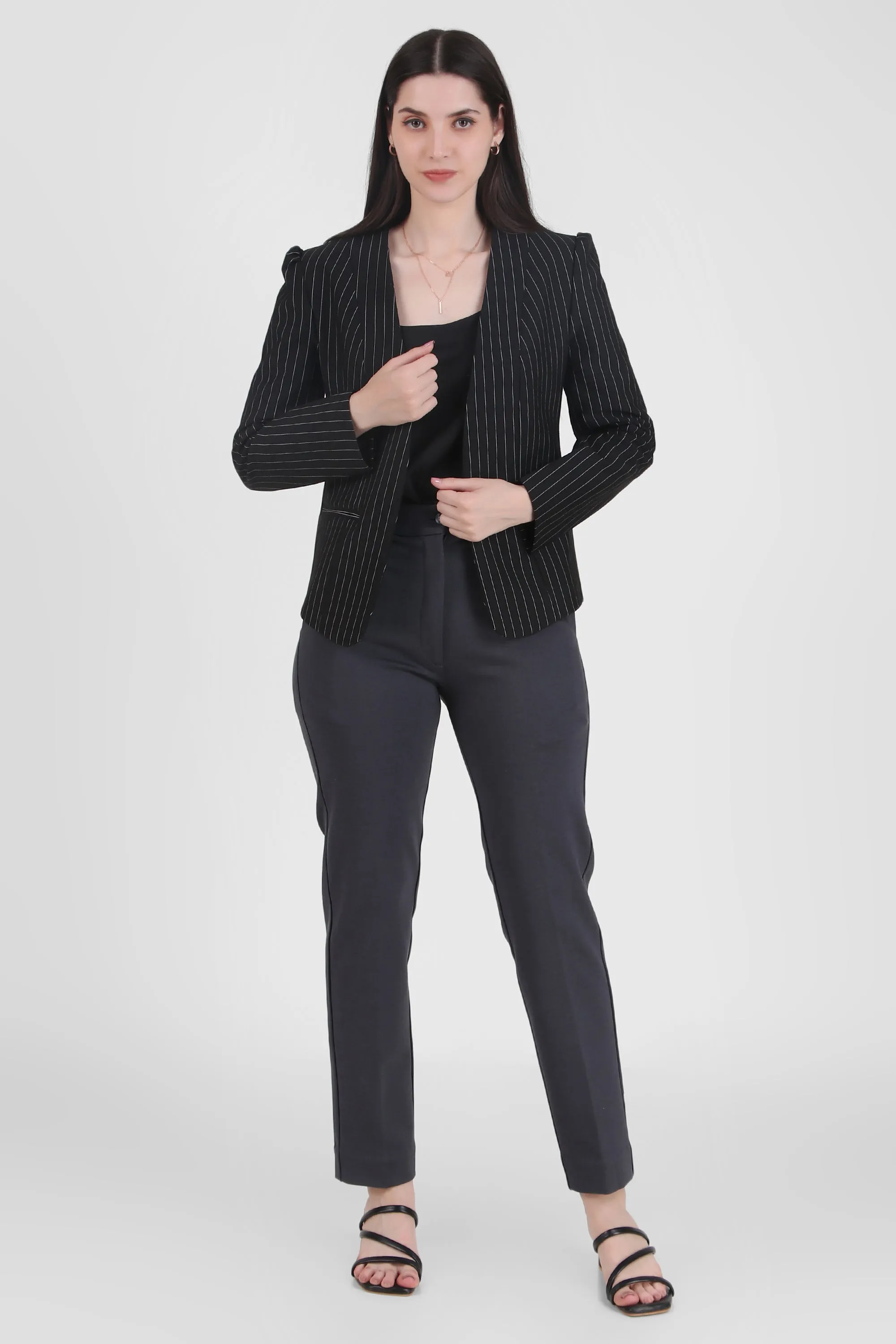 Pinstriped Black Puff Sleeves Front Open Blazer
