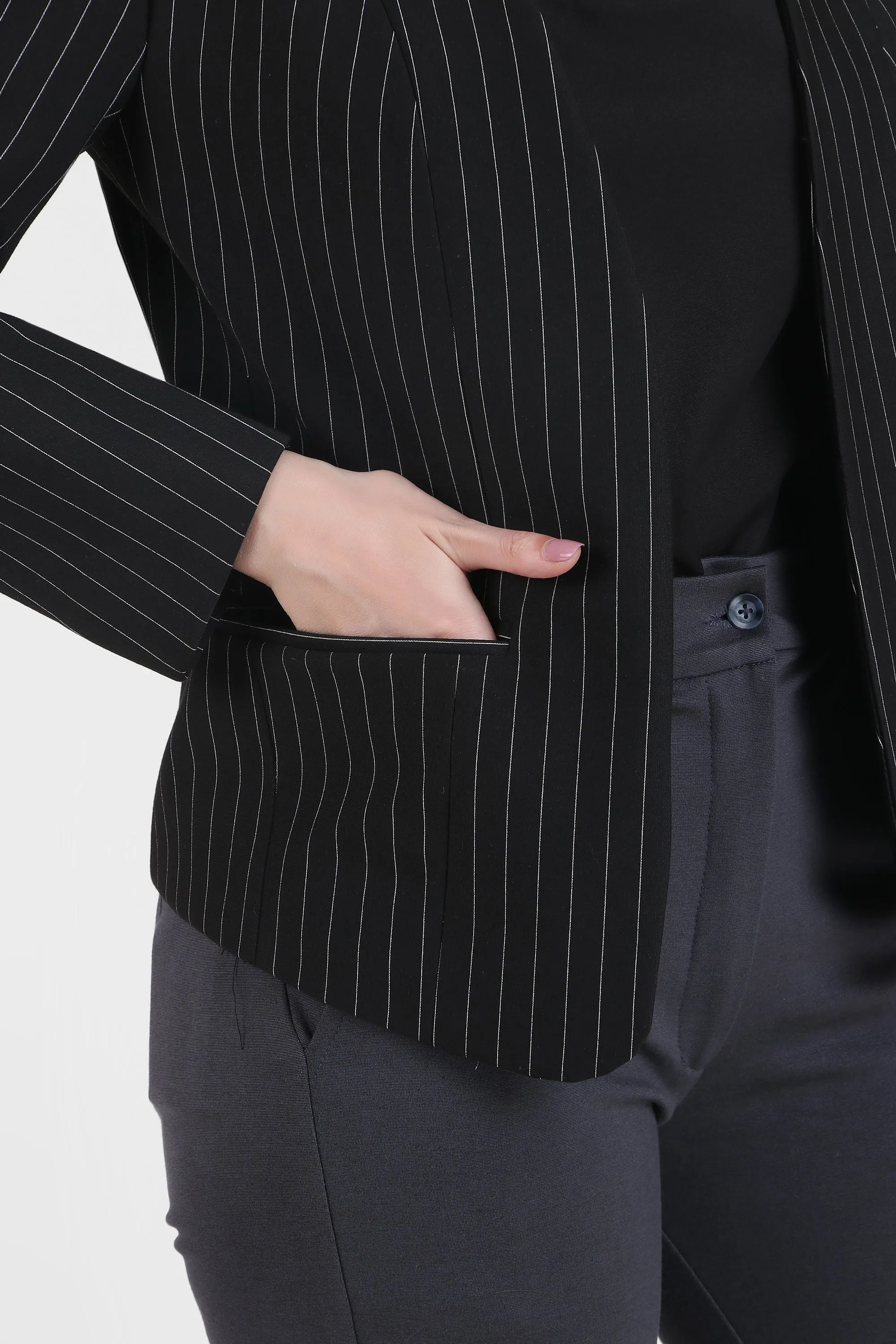 Pinstriped Black Puff Sleeves Front Open Blazer